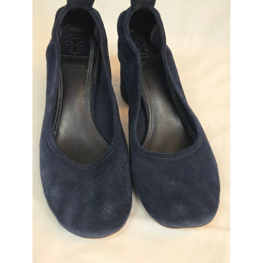 Tory Burch Navy Suede Round-Toe Block Heel Pumps
